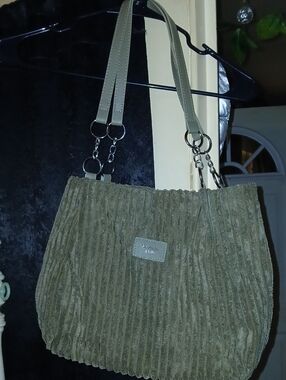Corduroy Shoulder Bag in Olive Green with Chain Accents